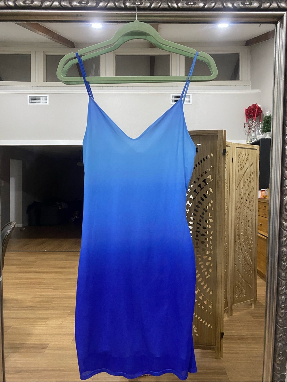 Blue Ombre Slip Mini Dress with Spaghetti Straps